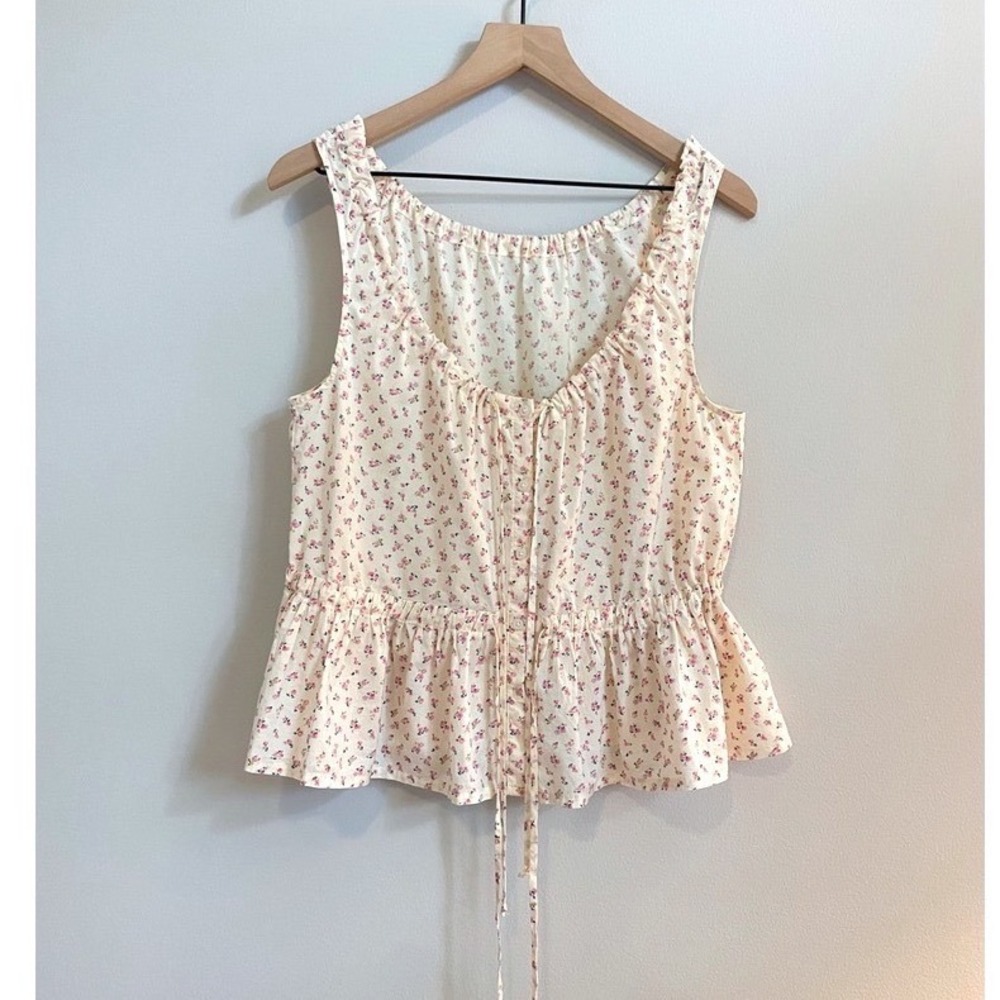 Madewell Ruffled Hem Ivory & Pink Floral Button Down & Tie Tank